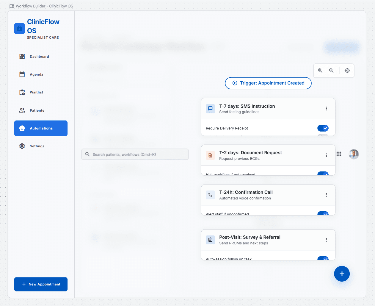 Concept visualization: Follow-up Engine, pannello di automazione comunicazioni post-visita