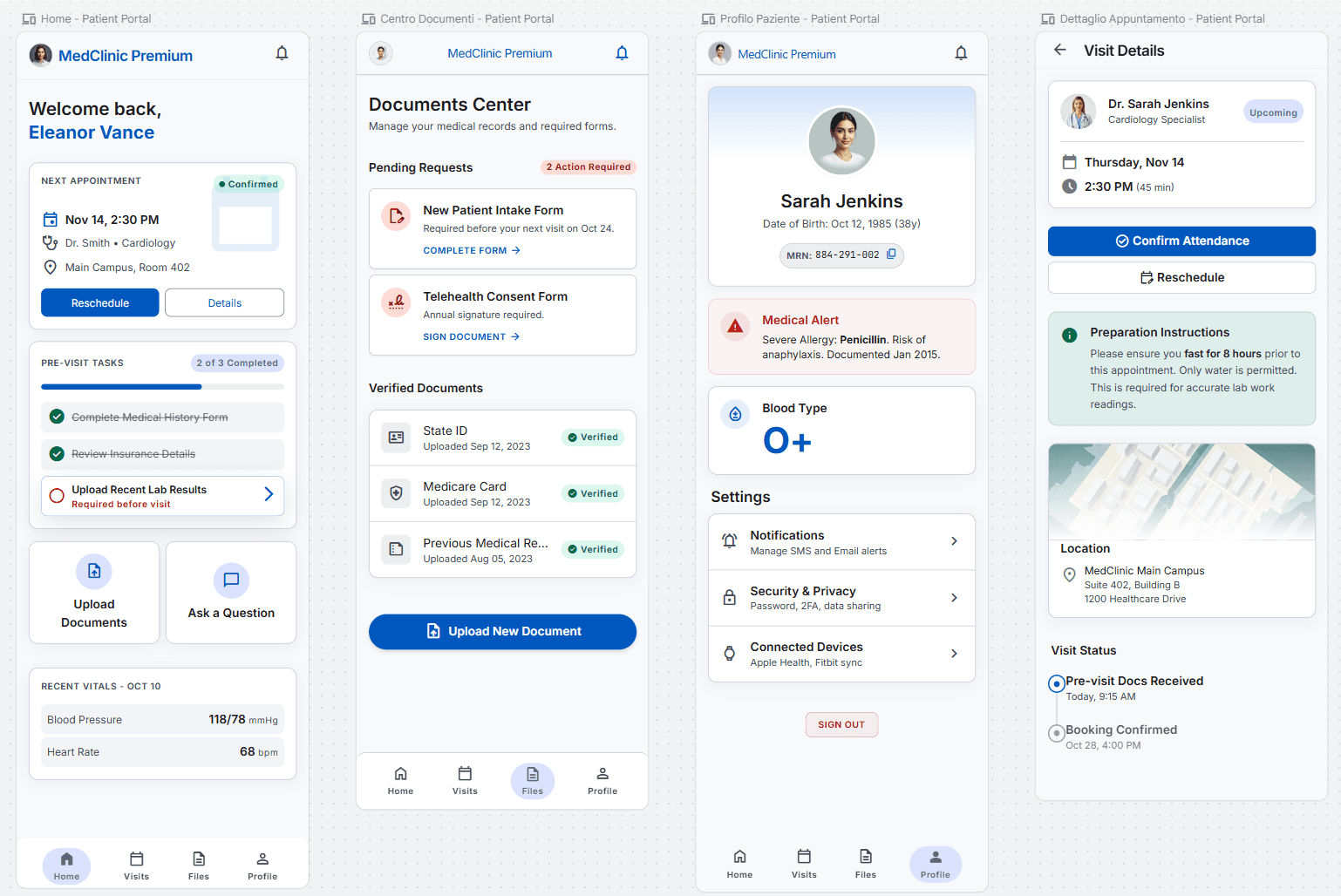 Concept visualization: schermate mobile dell'applicazione, patient portal