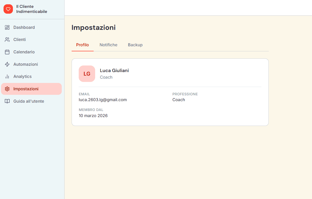 Concept visualization: dashboard riepilogo clienti attivi e prossime sessioni
