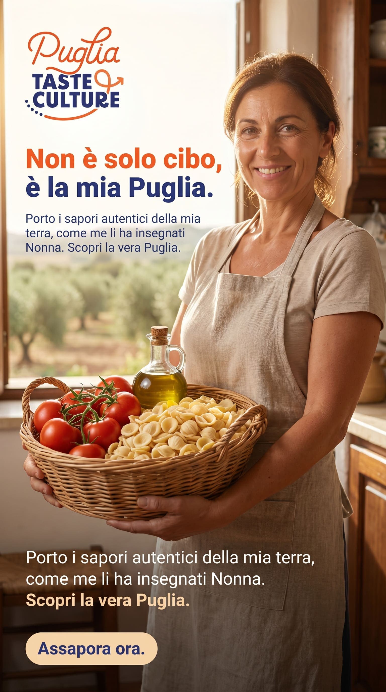 Carosello social Puglia Taste & Culture: una donna pugliese mostra un cesto di pomodori e orecchiette fresche, "Non è solo cibo, è la mia Puglia"