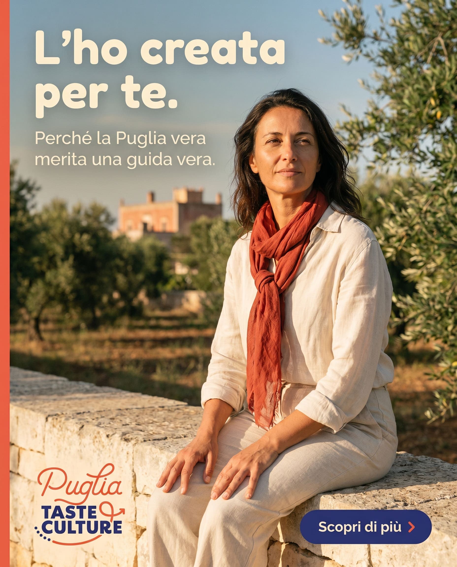 Carosello social Puglia Taste & Culture: ritratto testimonial tra gli ulivi, "L'ho creata per te, perché la Puglia vera merita una guida vera"