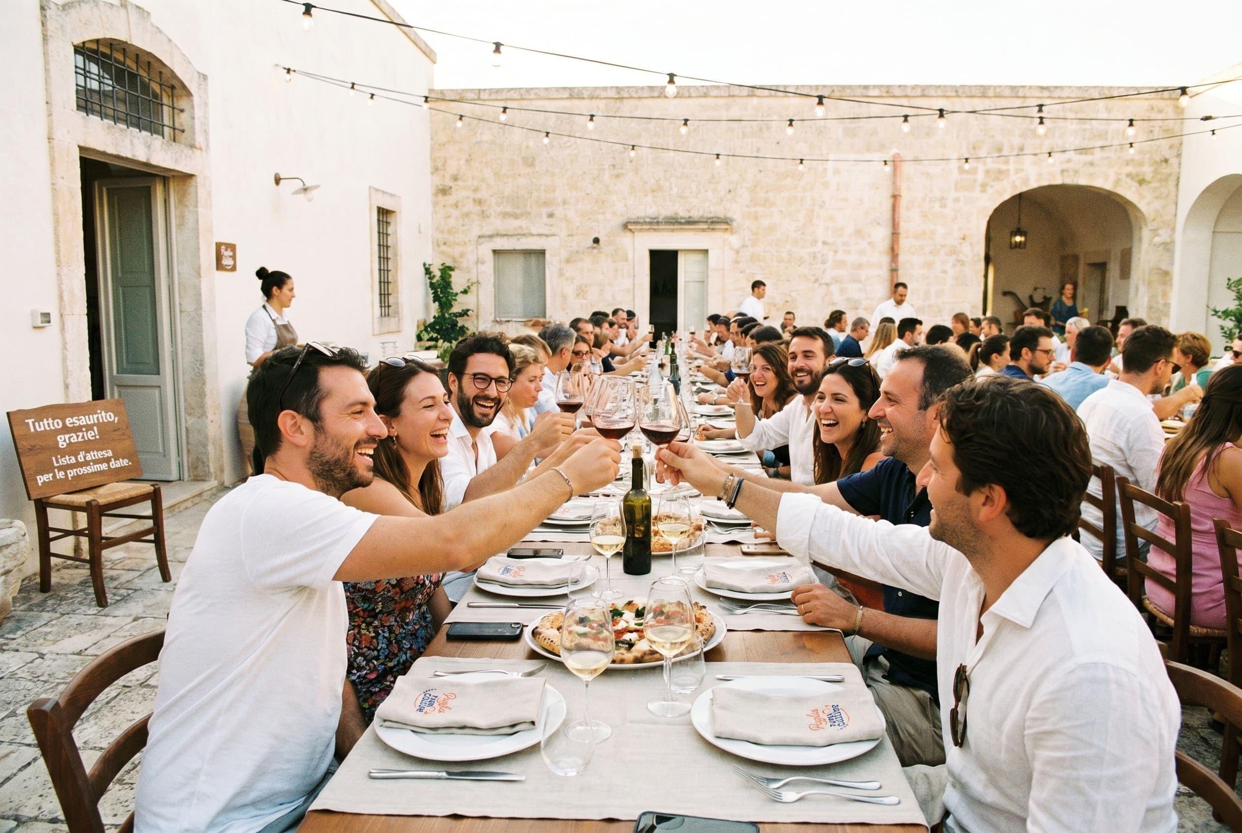 Carosello social Puglia Taste & Culture: gruppo a tavola in una masseria al tramonto, brindisi con vino e piatti pugliesi