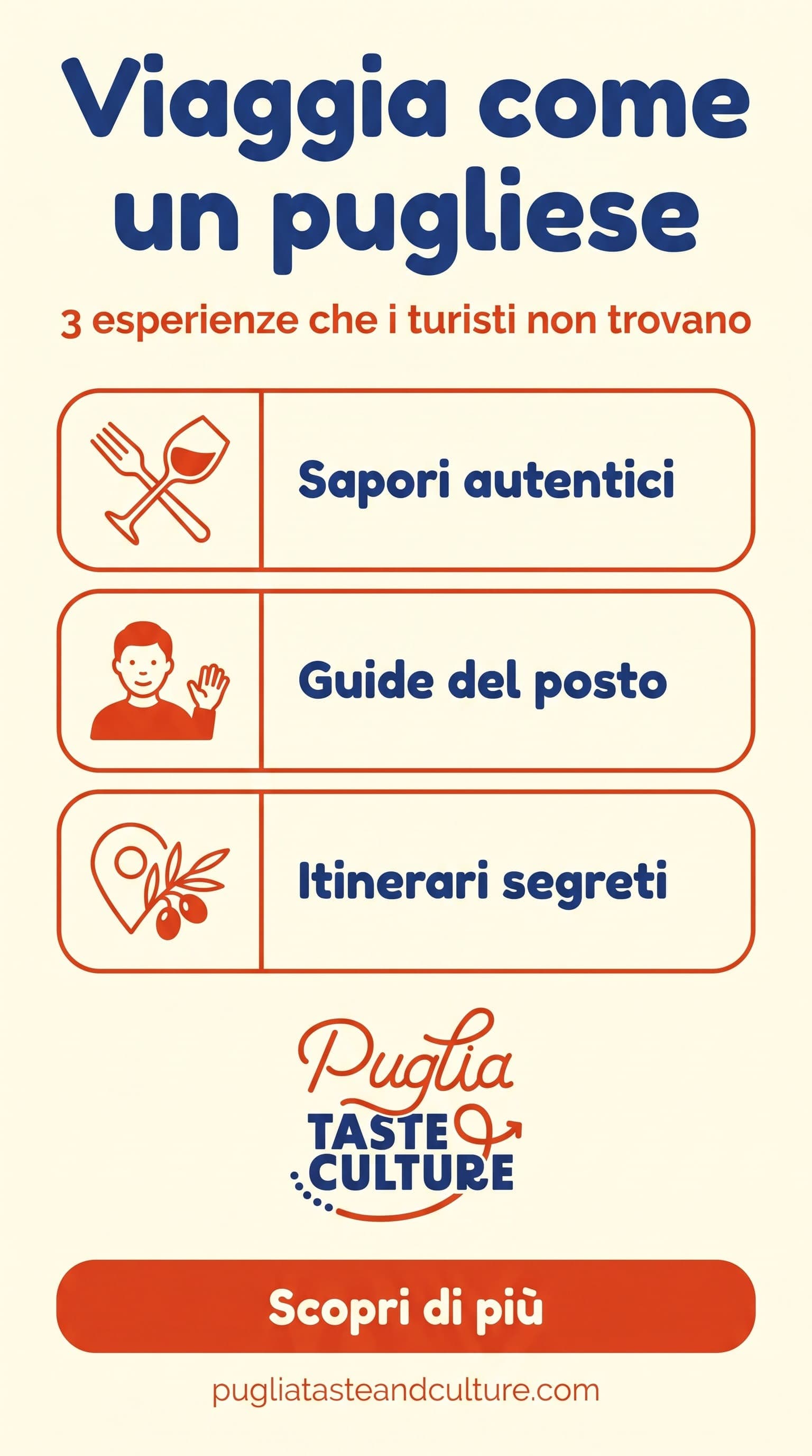 Carosello social Puglia Taste & Culture: grafica "3 esperienze che i turisti non trovano", sapori autentici, guide del posto, itinerari segreti