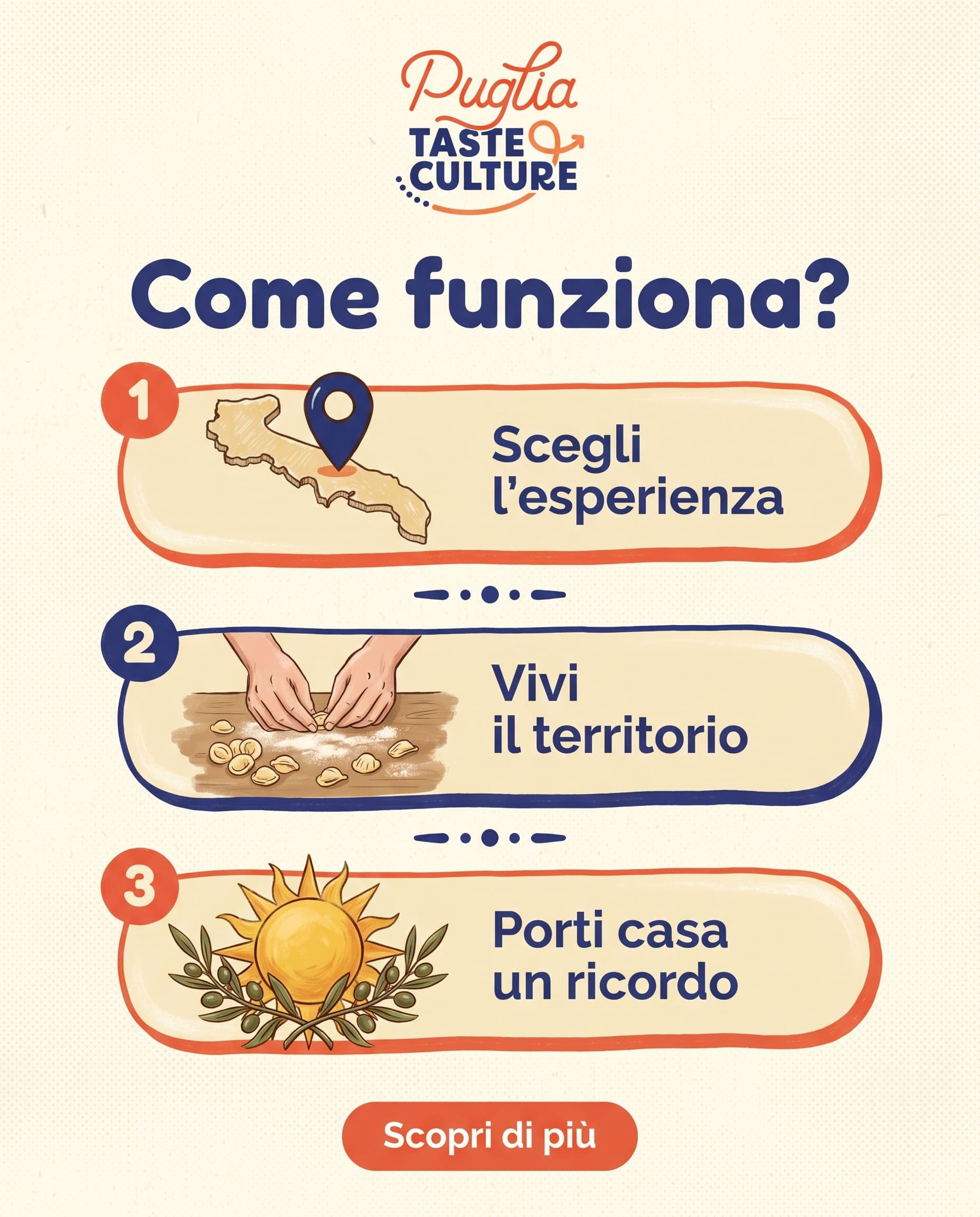 Carosello social Puglia Taste & Culture: grafica "Come funziona" in tre passaggi, scegli l'esperienza, vivi il territorio, porta a casa un ricordo