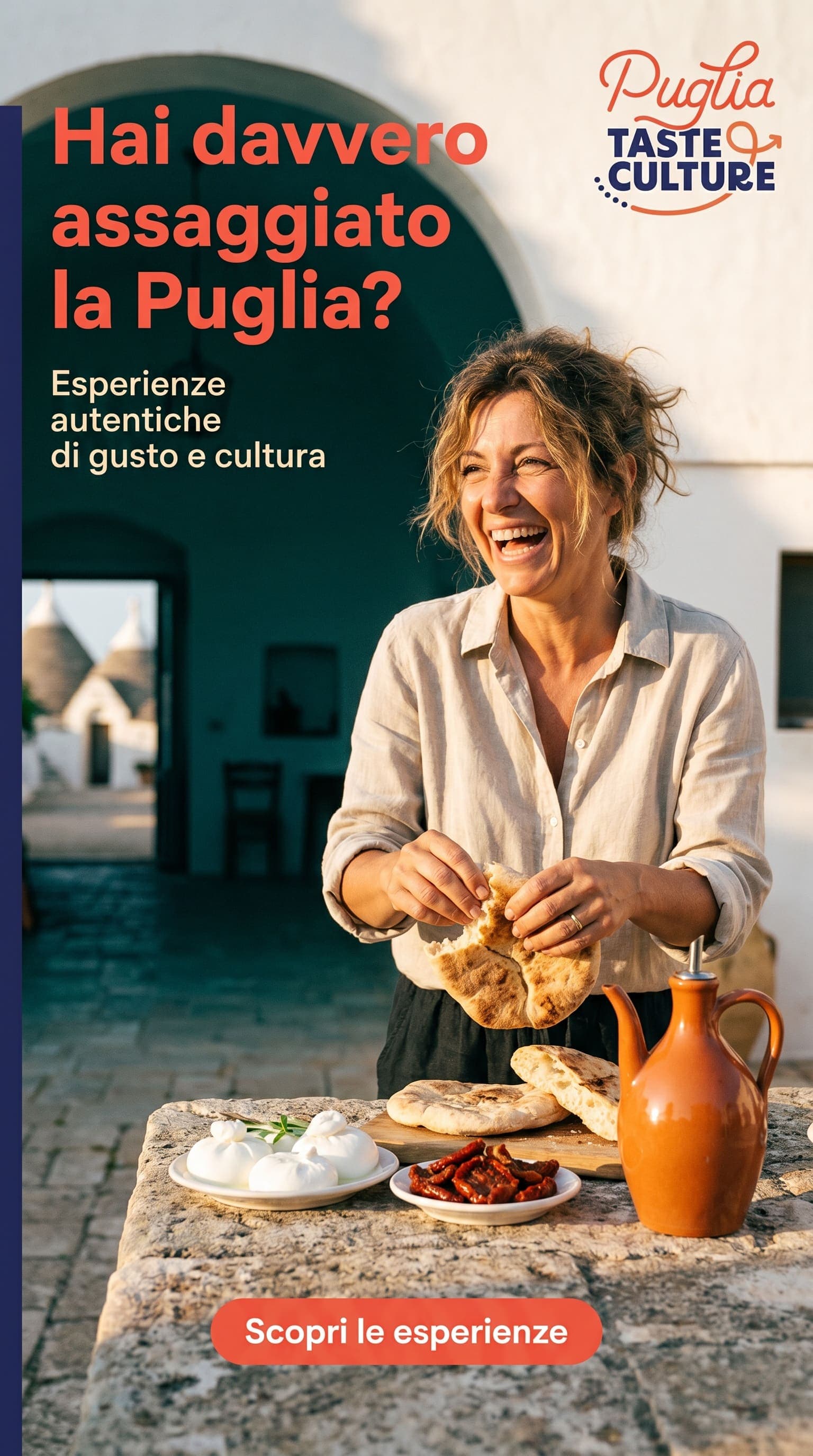 Carosello social Puglia Taste & Culture: una donna pugliese prepara pane e burrata in cucina, "Hai davvero assaggiato la Puglia?"