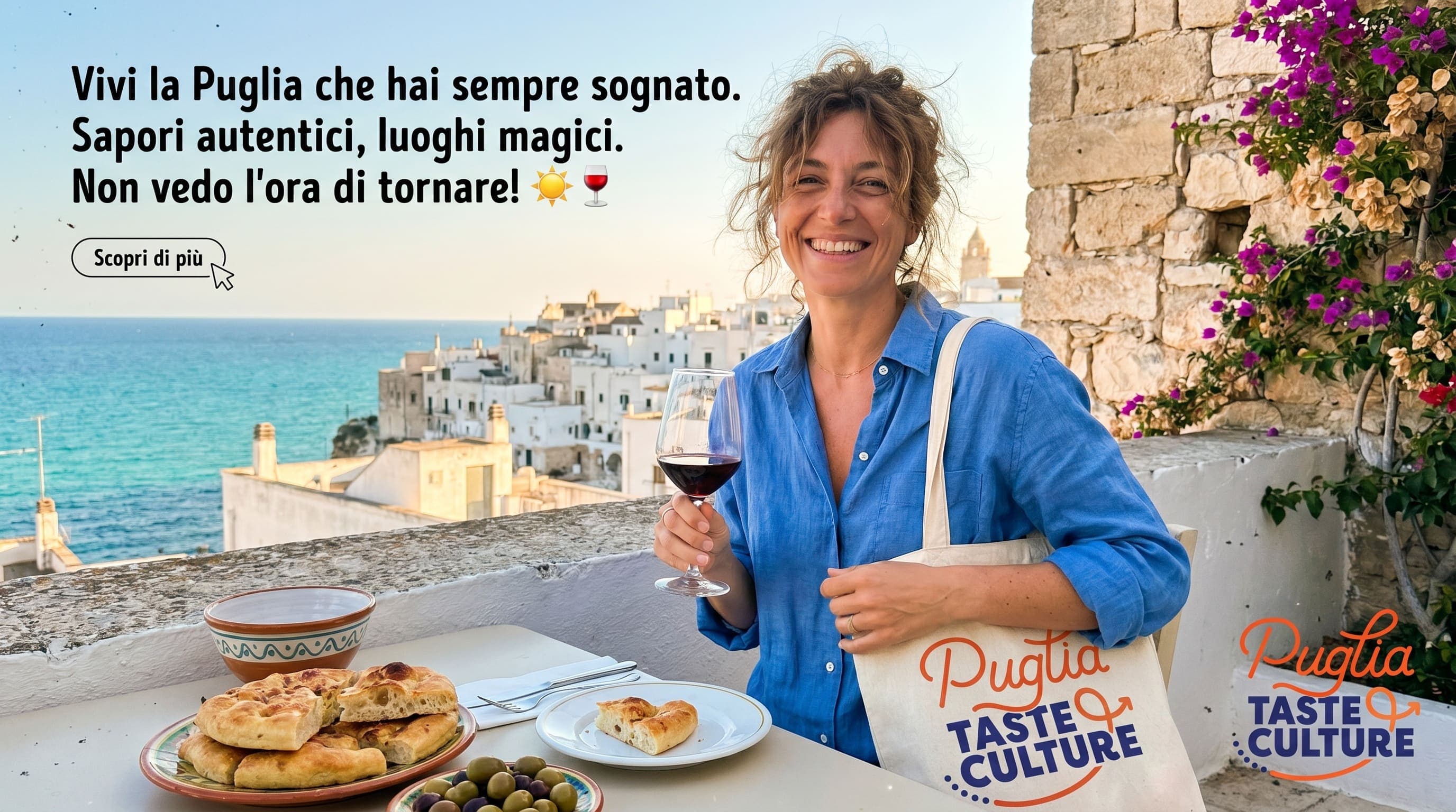 Carosello social Puglia Taste & Culture: una donna sorseggia vino su una terrazza affacciata sul mare, "Vivi la Puglia che hai sempre sognato"