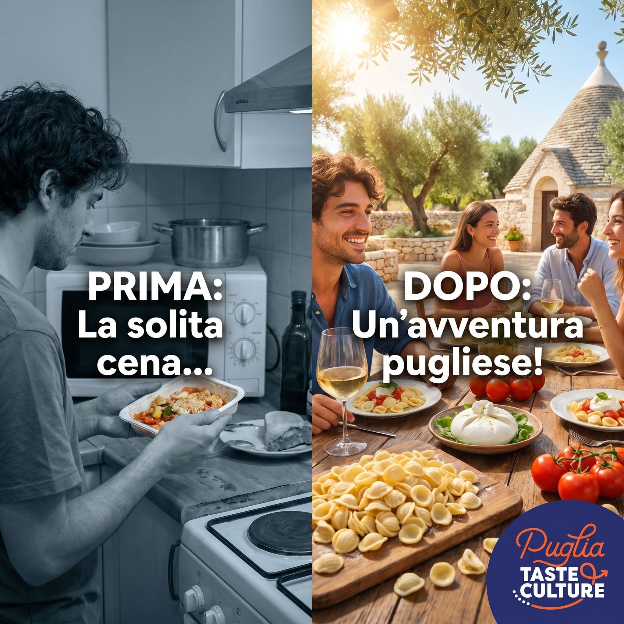 Carosello social Puglia Taste & Culture: confronto prima/dopo tra una cena qualunque e un pranzo conviviale in un trullo pugliese