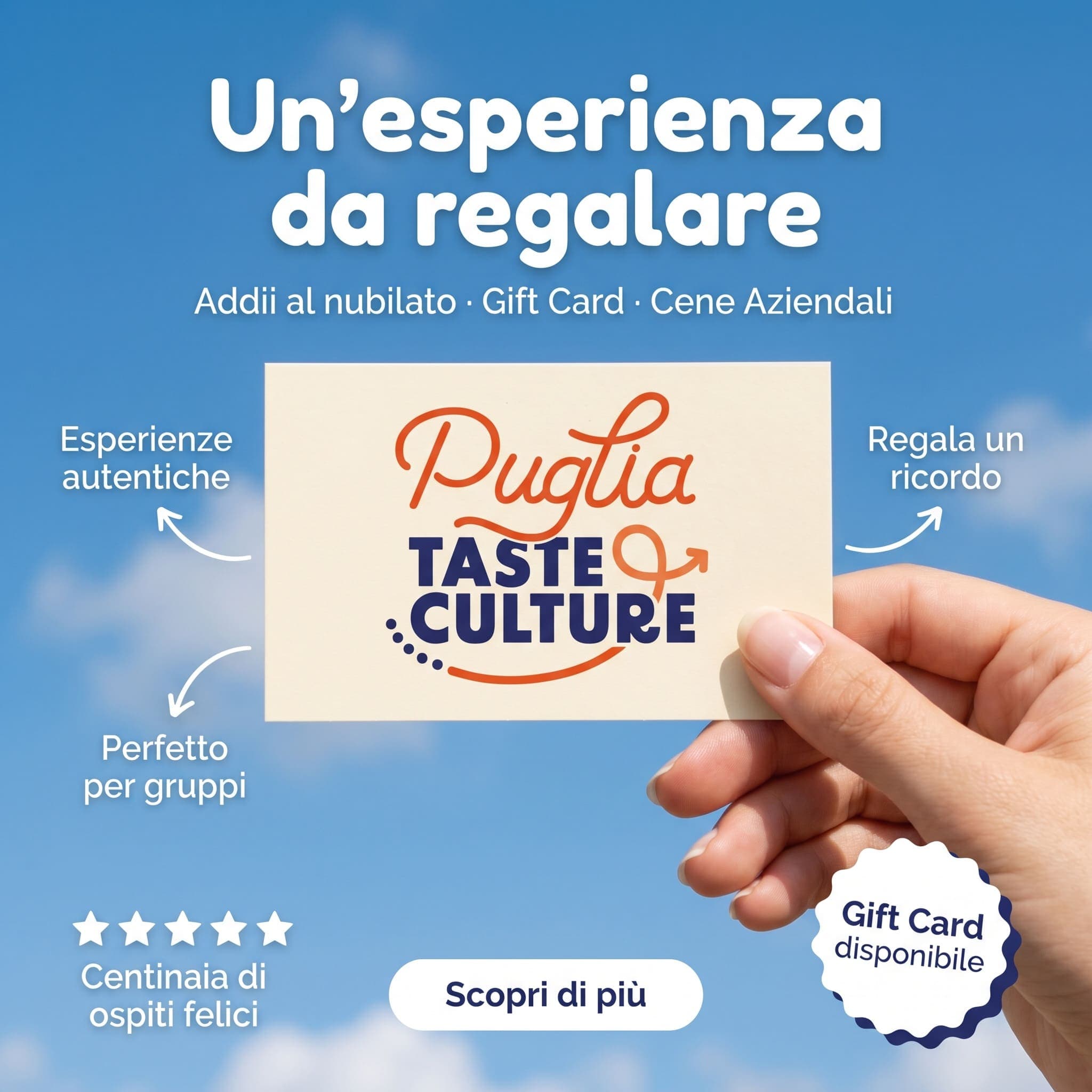 Carosello social Puglia Taste & Culture: gift card del brand, "Un'esperienza da regalare" per addii al nubilato, cene aziendali e gruppi