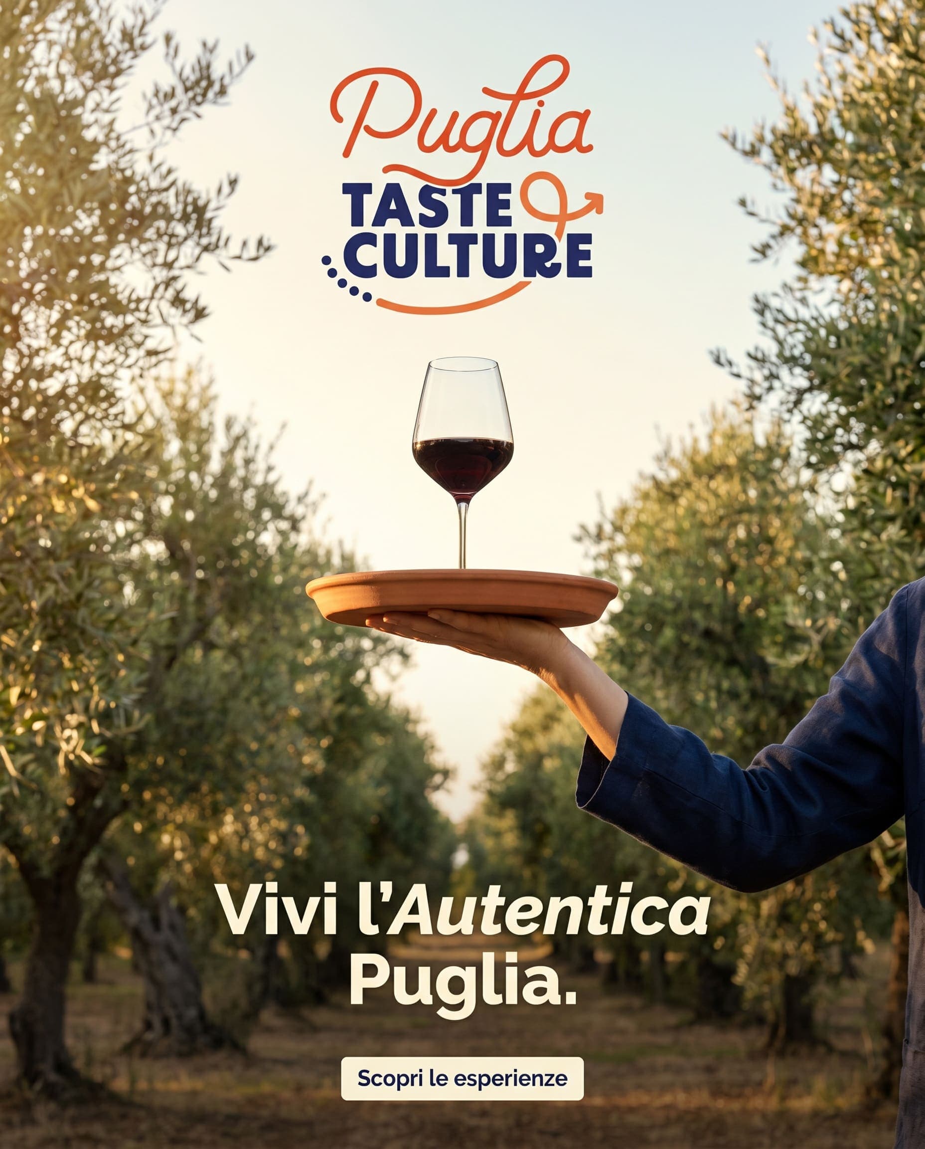 Carosello social Puglia Taste & Culture: calice di vino servito tra gli ulivi, "Vivi l'Autentica Puglia"