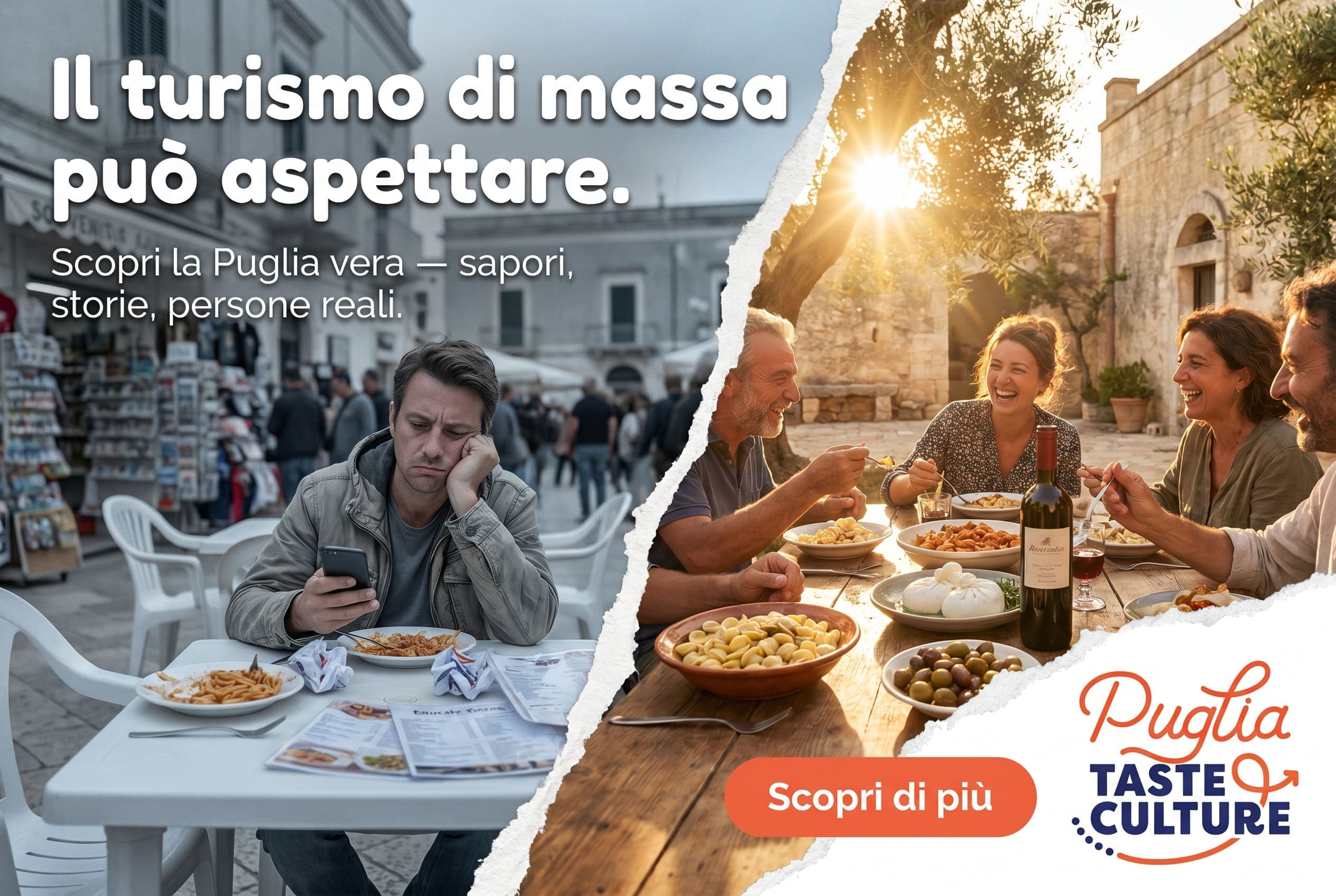 Carosello social Puglia Taste & Culture: confronto tra un turista solo tra la folla e un gruppo a tavola con persone del posto, "Il turismo di massa può aspettare"