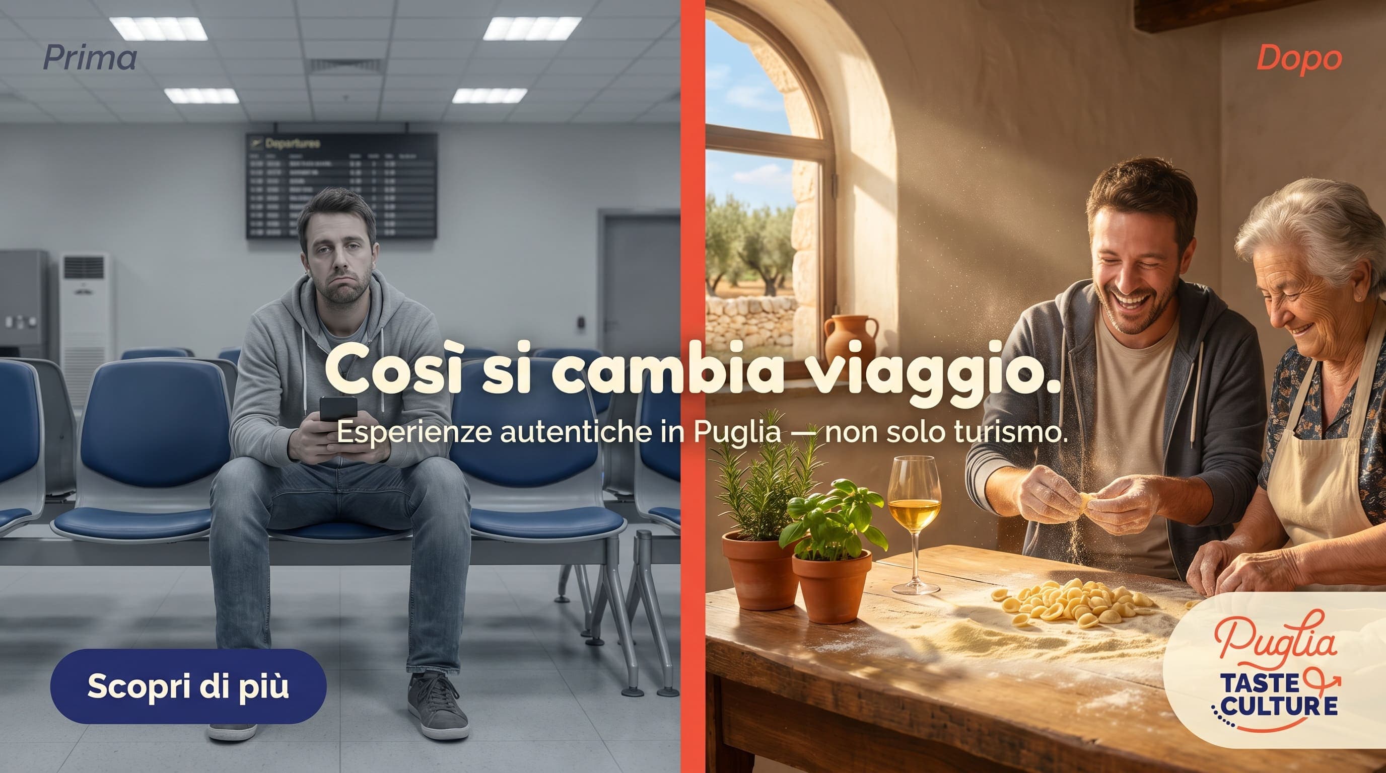 Carosello social Puglia Taste & Culture: confronto prima/dopo tra l'attesa in aeroporto e la preparazione delle orecchiette con una signora pugliese, "Così si cambia viaggio"
