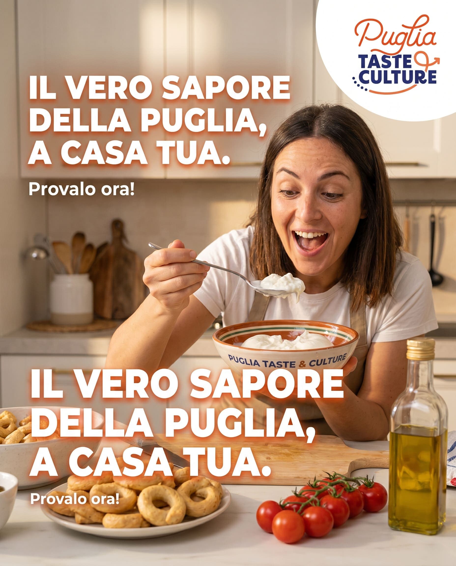 Carosello social Puglia Taste & Culture: una donna assaggia burrata fresca in cucina, "Il vero sapore della Puglia, a casa tua"