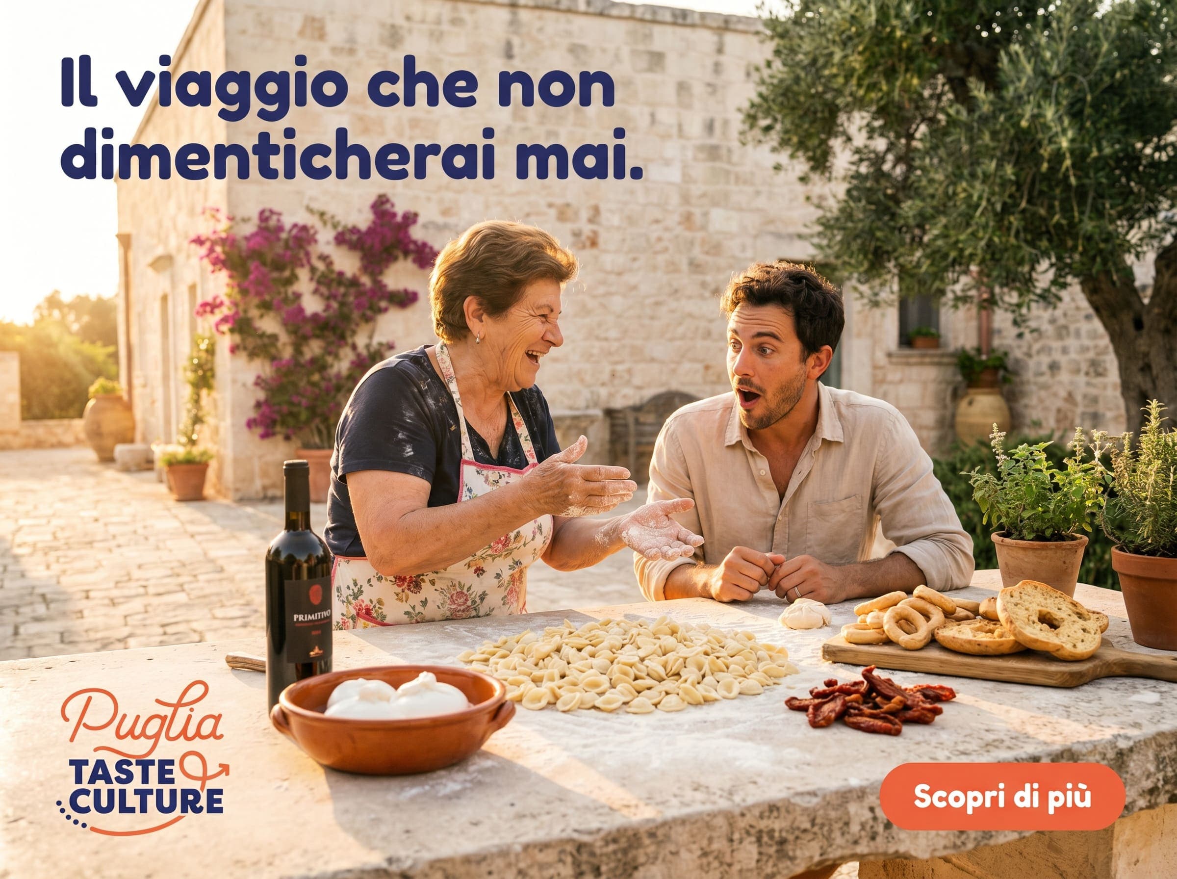 Carosello social Puglia Taste & Culture: una signora del posto insegna a preparare le orecchiette a un viaggiatore, "Il viaggio che non dimenticherai mai"