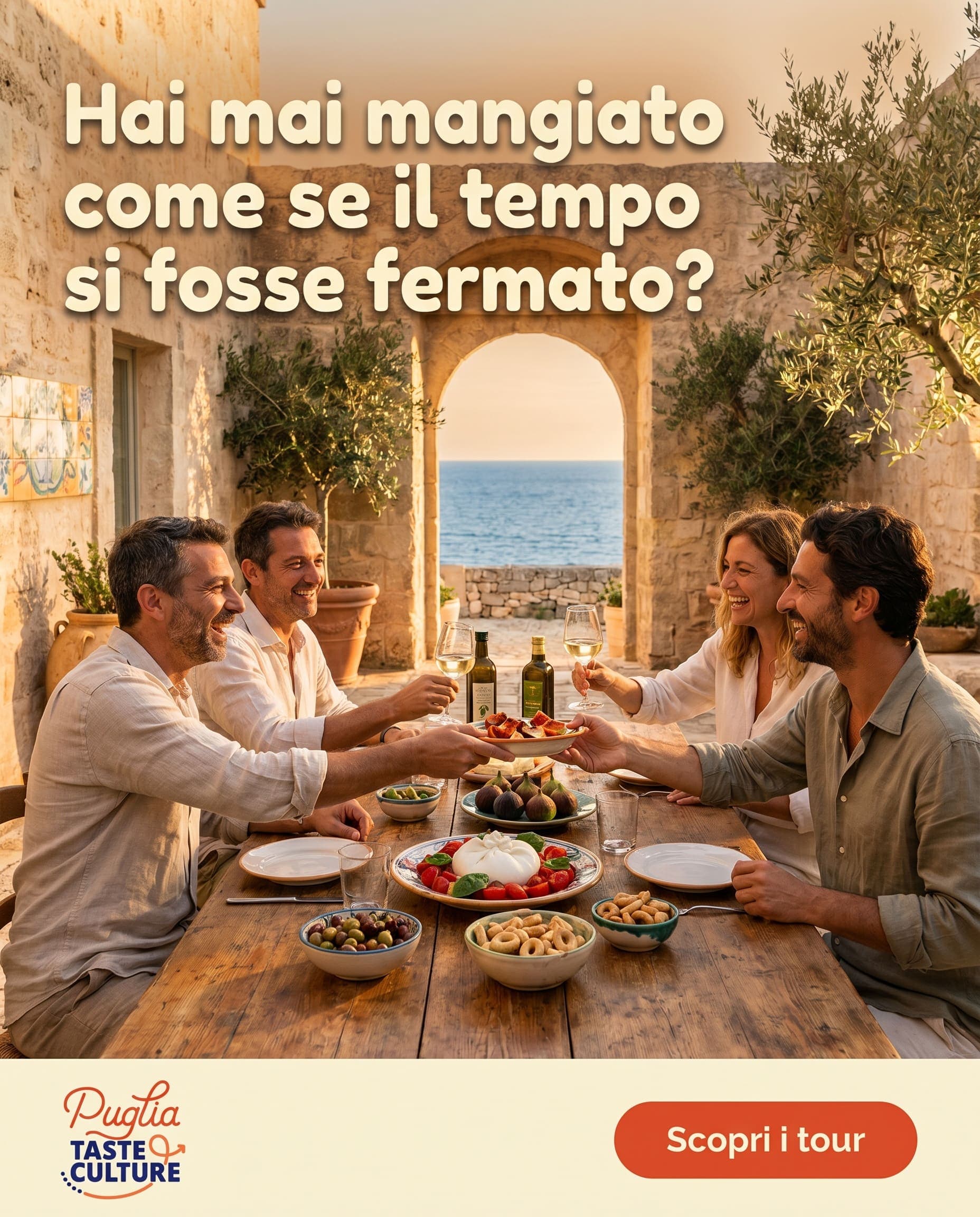 Carosello social Puglia Taste & Culture: amici a pranzo con vista mare in un borgo pugliese, "Hai mai mangiato come se il tempo si fosse fermato?"
