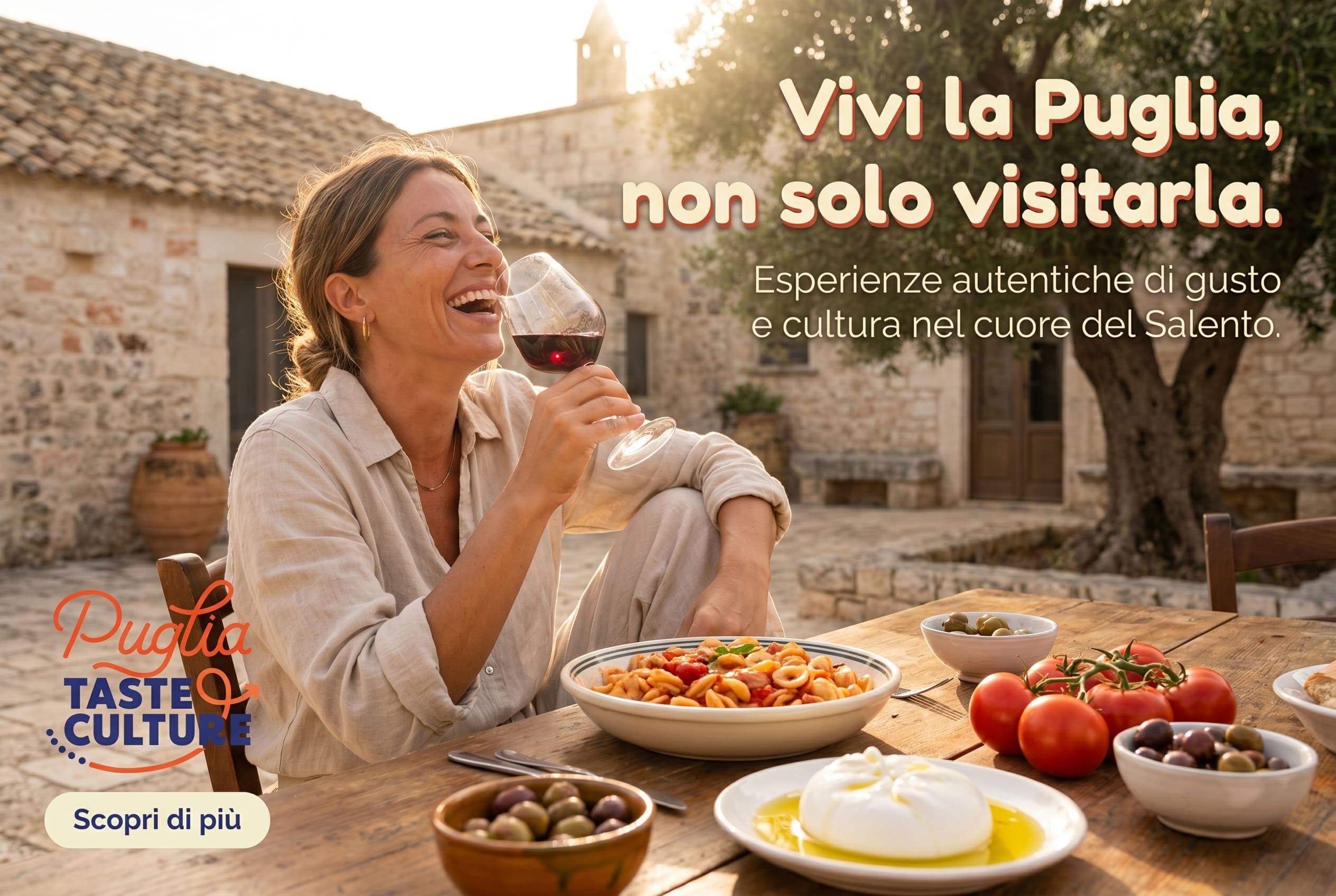 Carosello social Puglia Taste & Culture: una donna ride con un calice di vino davanti a una tavola pugliese imbandita, "Vivi la Puglia, non solo visitarla"