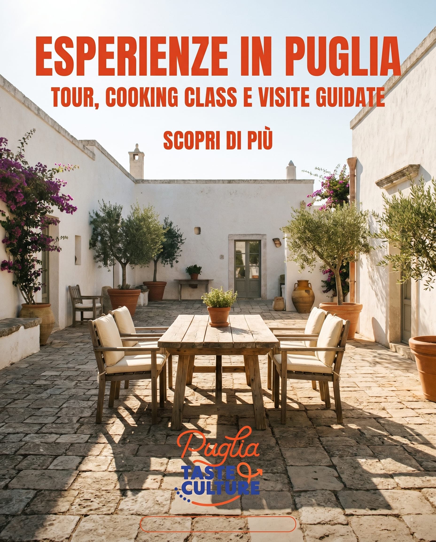 Carosello social Puglia Taste & Culture: cortile di una masseria pugliese, "Esperienze in Puglia: tour, cooking class e visite guidate"